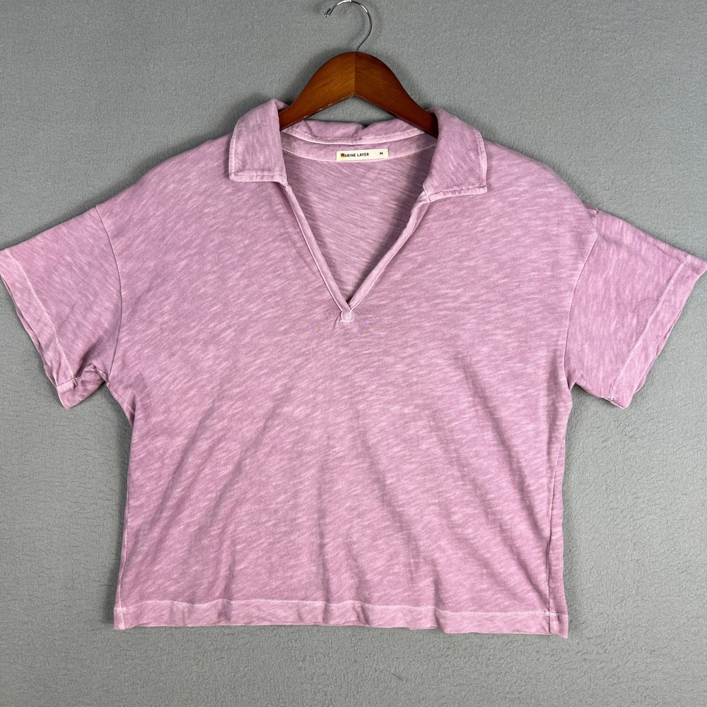 Marine Layer Vintage Slub Polo T Shirt Womans Medium Pink Cotton Relaxed Boxy